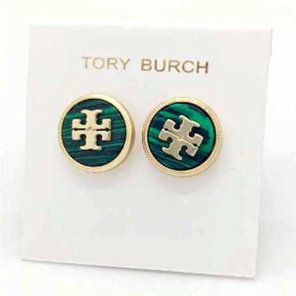 Tory Burch semiprecious green round button stud logo earrings - Picture 5 of 9